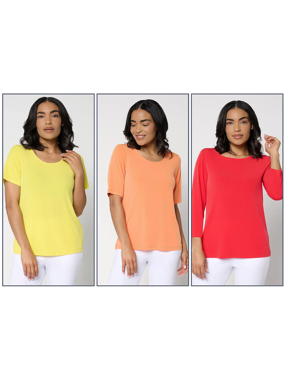 Susan Graver Essentials Liquid Knit Set of 3 Tops Sun/Citrus/Red, Size Large